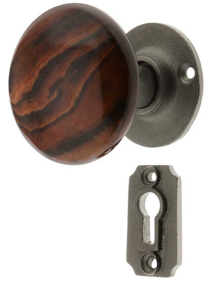 Iron Rosette Mortise Lock Set With Bennington Style Porcelain Knobs in Antique Iron.